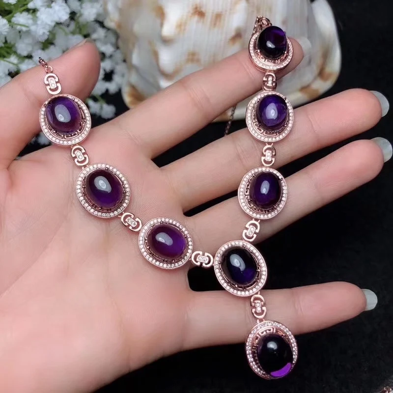 

MBS1 purple amethyst gemstone necklace for women silver jewelry big size good cut birthday anniversary
