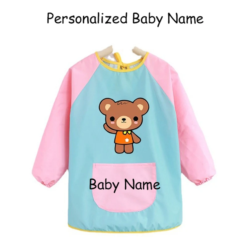 

Personalized Custom Name Baby Bib Waterproof Drawing Craft Art Children Coat Girls Boys Apron Cartoon Feeding Smock Baby Stuff