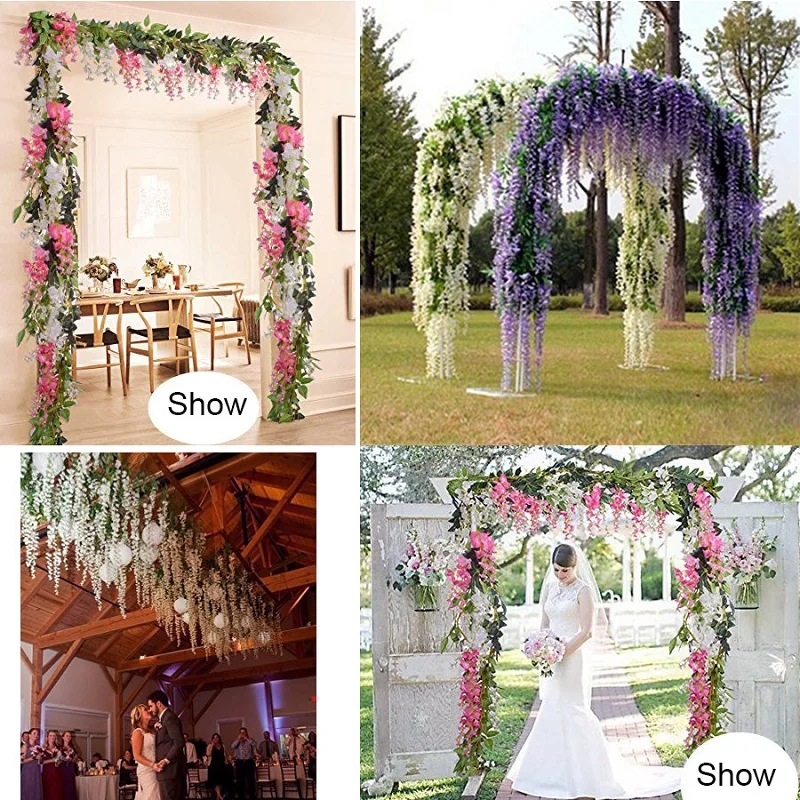 

1.85M Wisteria Artificial Flowers Vine Garland Wedding Arch Decoration Fake Plants Foliage Rattan Trailing Faux Flowers Ivy Wall