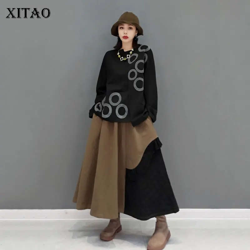 

XITAO Sweatshirt Skirt Twinset O-neck Pullover Full Sleeve Polka Dot A-line Fungus Patchwork Diamond Lattice Temperament JL0065