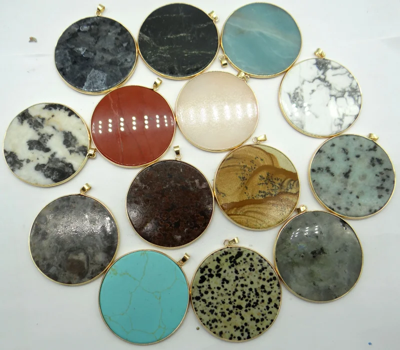 

natural stone tiger eye Quartz Crystal Turquoises aventurine Round cake pendant for diy Jewelry making necklace Accessories6PCS