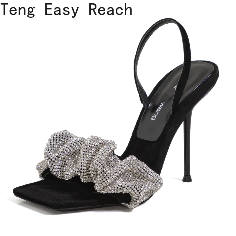 

Women High Heel Sandals Real Leather Rhinestone Women Summer Sandals Fashion Sexy Party Shoes Women Footwear Size 34-41