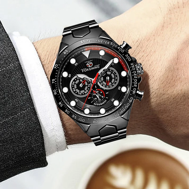 

2021 Forsining New Sport Design Complete Calendar 3 Small Dial Black Stainless Steel Automatic Mechanical Watches for Men Clock