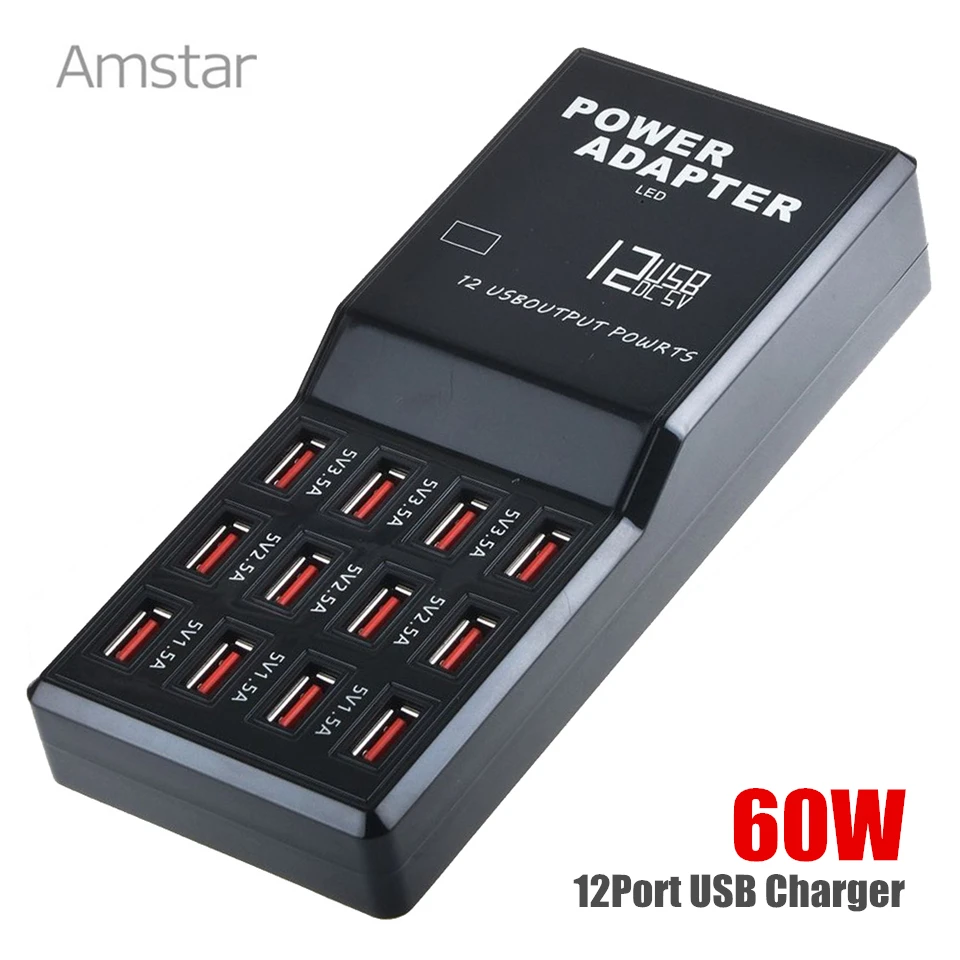 Amstar Fast USB Charger 5V/12A 60W Charging Desktop Mobile Phone Adapter for iPhone Samsung Huawei Xiaomi | Мобильные телефоны и