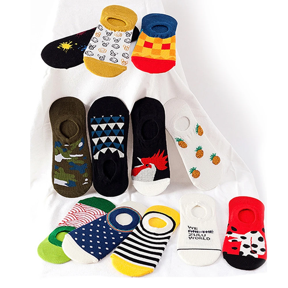 5 Pairs Invisible Funny Cotton Summer Boat No Show Socks Non-slip Women Men Short Low Cute Happy Sock Slippers Silicone Socks