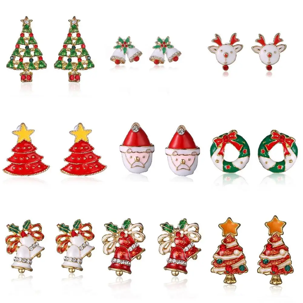 

New Hot Elk Christmas Tree Cartoon Bell Santa Claus Stud Earrings For Women Fashion Jewelry Pendientes boucle d'oreille
