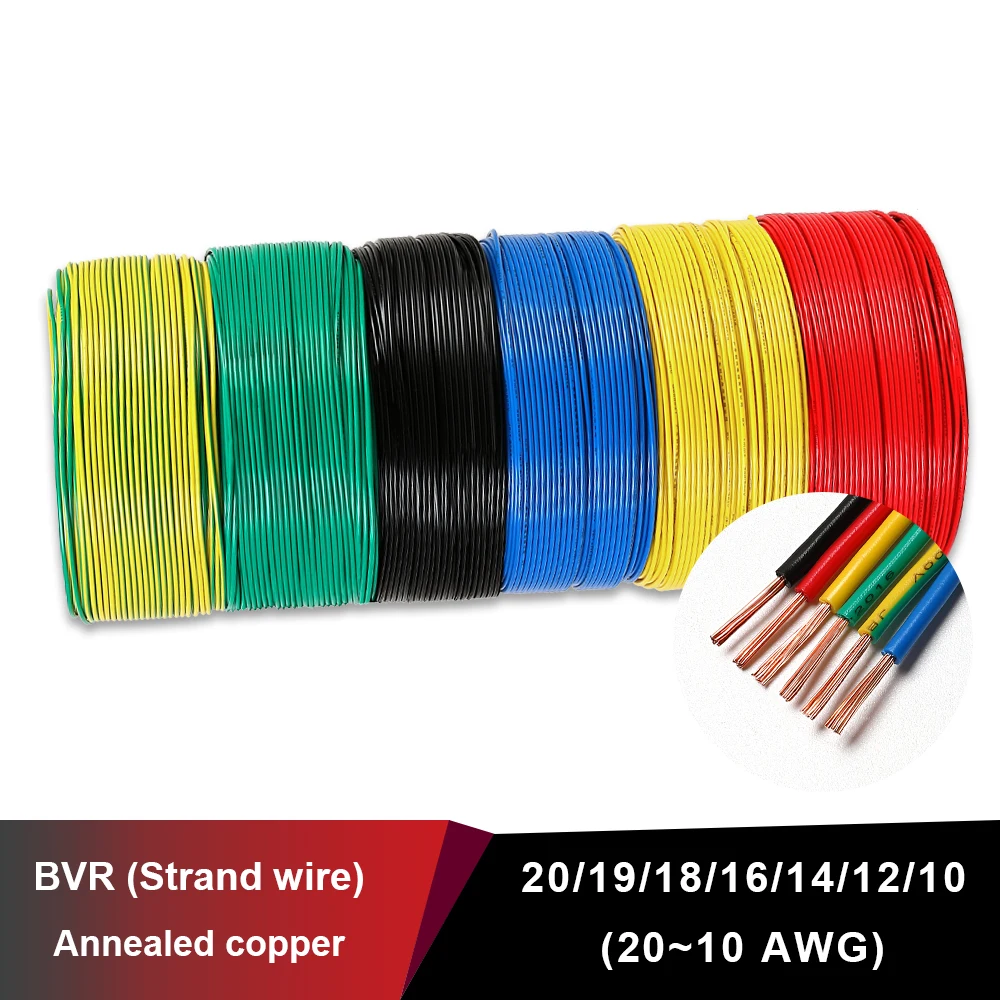 new BVR copper solid single core multi-core el wire wire power supply PVC single core battery cable 220V red fil 10 to 20 awg