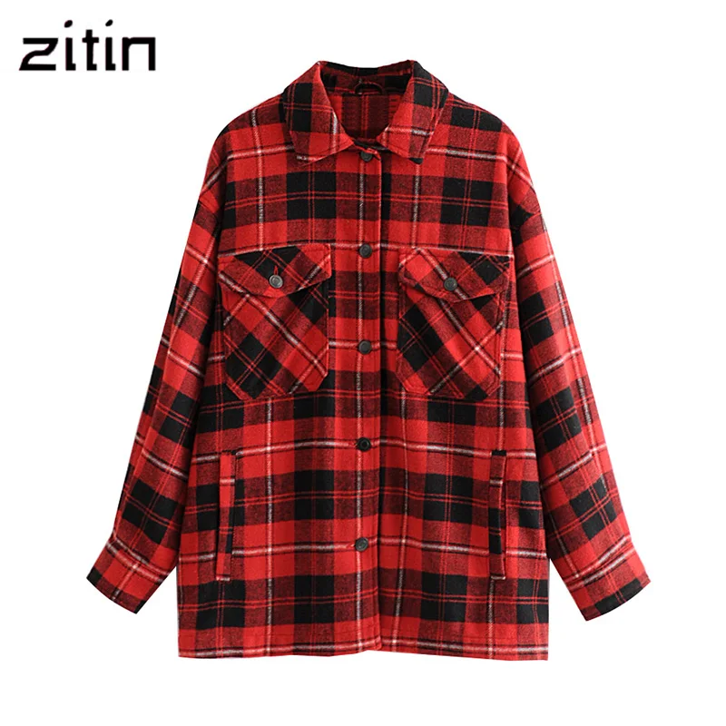 Женская винтажная клетчатая куртка оверсайз с карманами и воротником лацканами