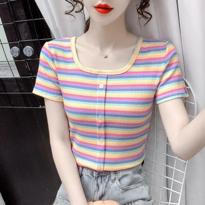 

Summer 2021 Cotton T Shirt Women Short Sleeve Plus Size Casual Tees Rainbow Striped Female T-shirt Slim Fit Harajuku Girls PD220