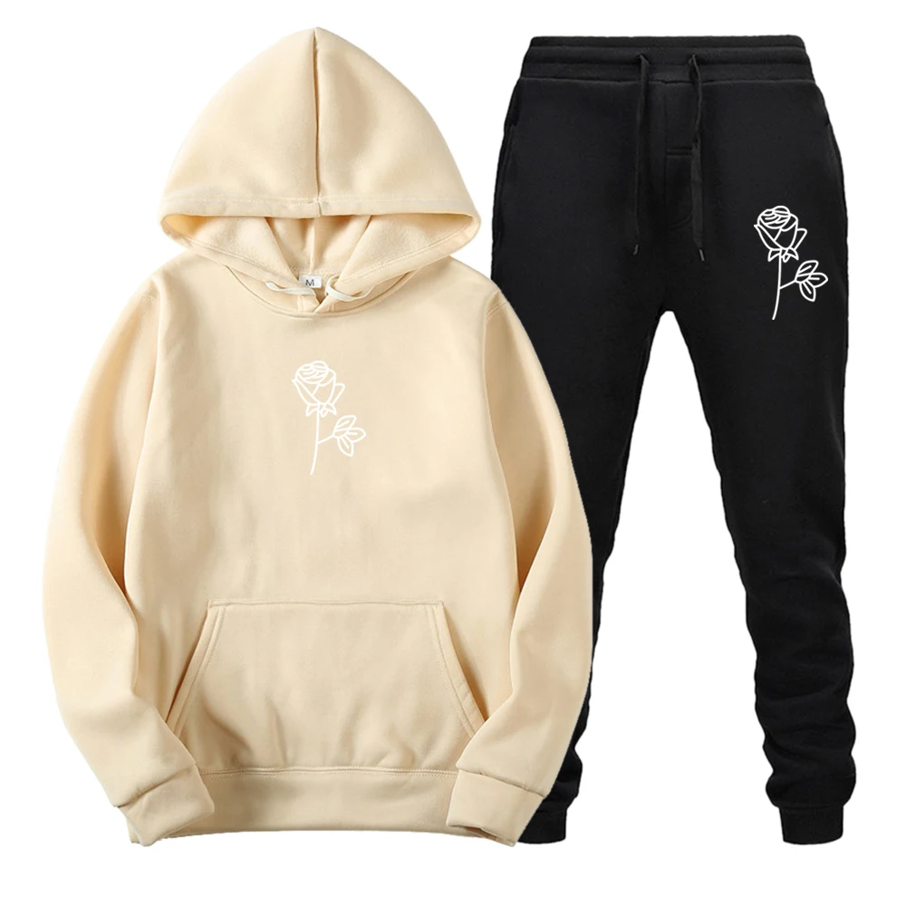 

Casual Tops White Flower Printing Men's Clothing Hip Hop Pullover Hoodies Sweatshirt Sets Winter Sweatshirts Sweatpants Suits