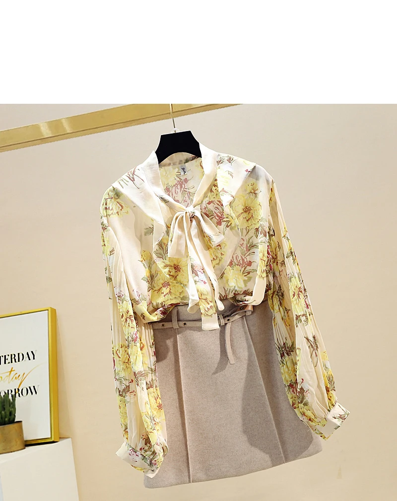 

Bow Collar Lantern Sleeve Shirt with Print 2021 Summer Button Up Shirt Women Tops Mujer Fair Floral Pattern Long Sleeve Shirt