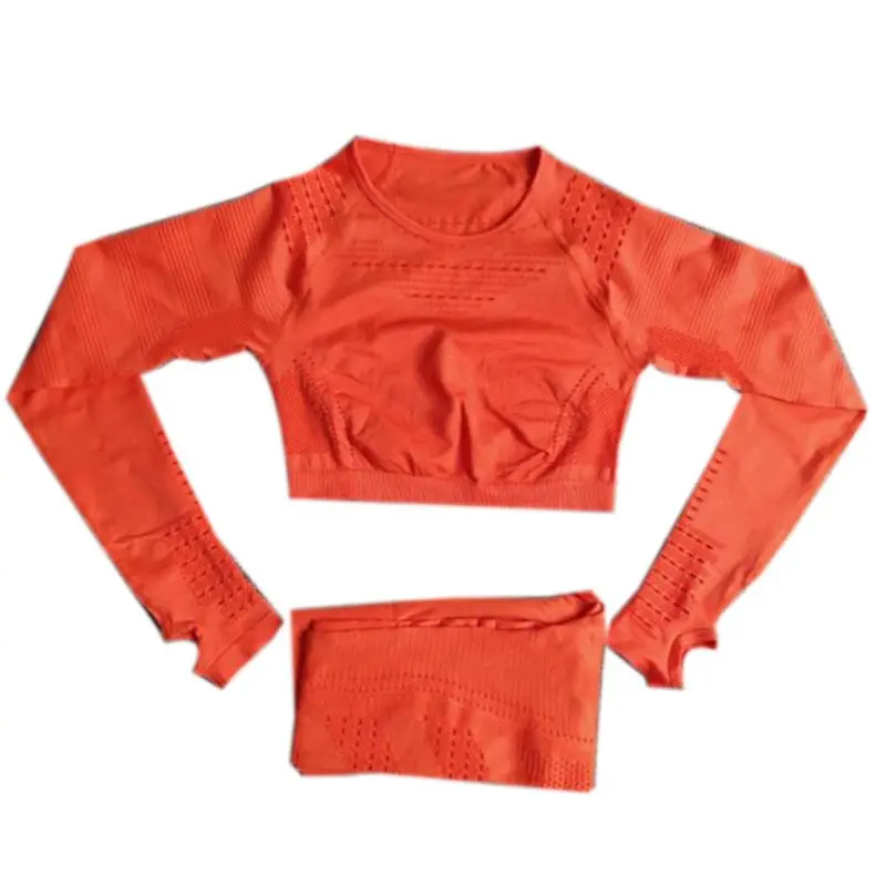 

Women 2 Piece Workout Yoga Outfits Set Long Sleeve Crop Top High Waist Leggings Hollow Out Jacquard Seamless Tracksuit