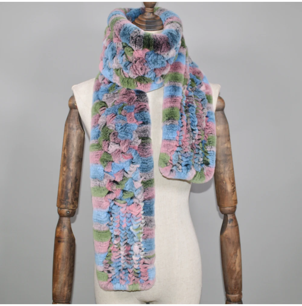 Winter Long Style Women Real Rex Rabbit Fur Scarf Rex Rabbit Fur Warm Soft Ring Scarfs High Quality Knit Rabbit Fur Scarves