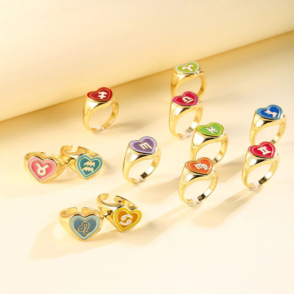 

Fashion Twelve Constellation Enamel Opening Copper Womens Ring For Girl Birthday Christmas Finger Jewelry Gift Band anillos