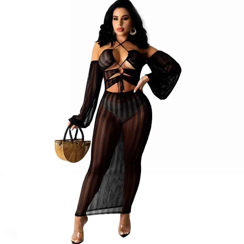 

See Through Cover Up Dress Women Halter Off The Shoulder Robes Summer Fashion Solid Knit Sexy Beach Maxi Dress Swimwear Cover Up