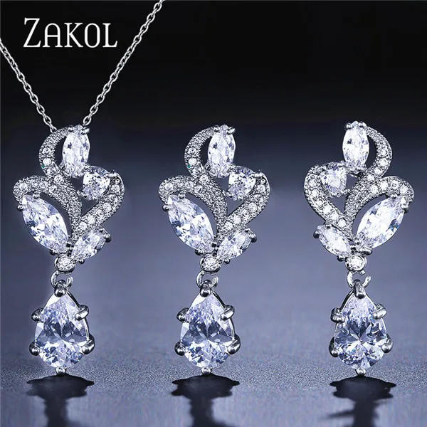 Изысканные ювелирные изделия в виде цветка из белого циркония ZAKOL с модным кристаллом маркиза, наборы ювелирных изделий для невесты/Женские аксессуары FSSP268 - Окраска металла: White Set