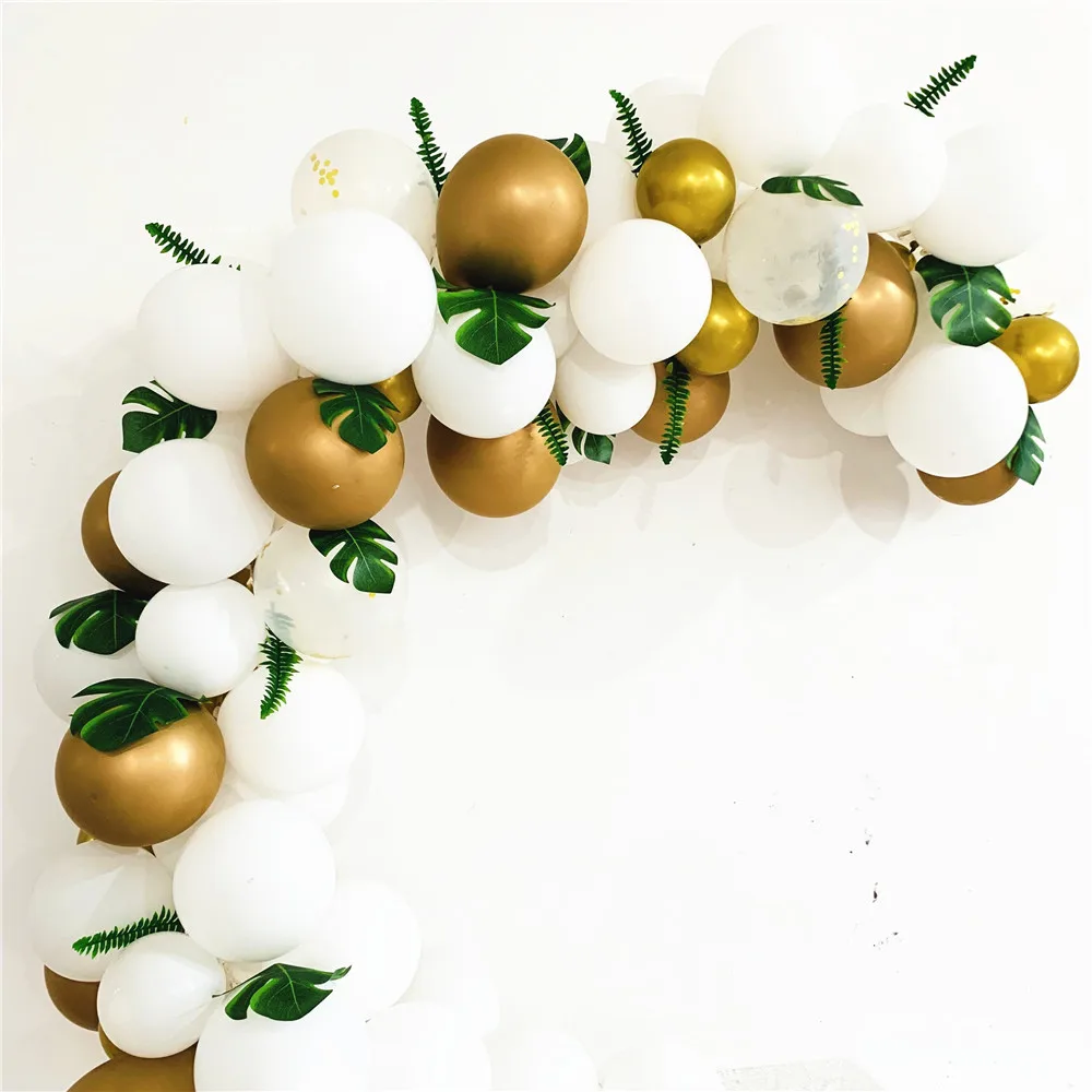 123 pcs Ins Hawaiian Theme Gold and white Balloons with Artificial leaves Decoration for Wedding Babyshower Birthday Background | Дом и сад