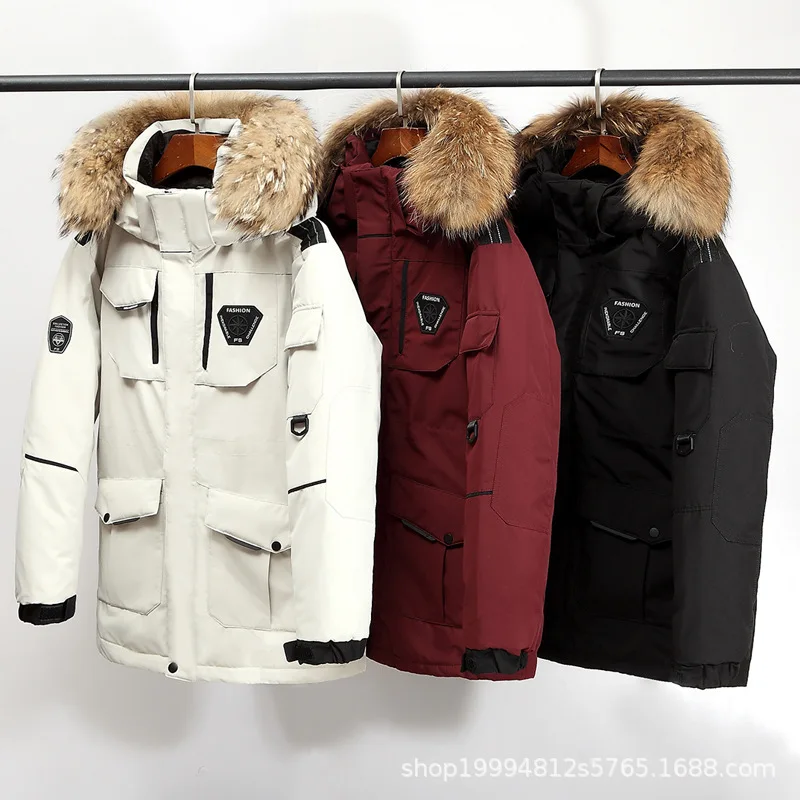 Мужской зимний пуховик средней и длины с гусиным перьем меховым воротником |