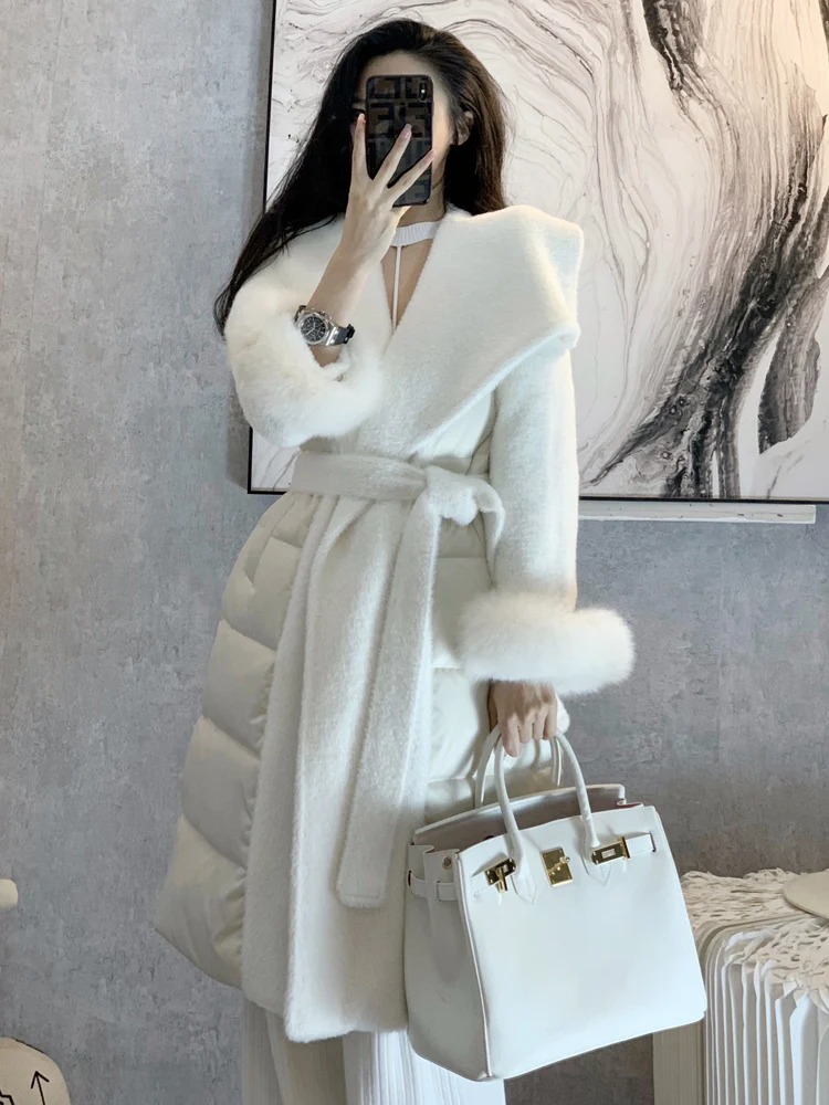 Popular White Big Fur Collar Woolen Patchwork White Down Jacket Women Winter Coat Fashion Belt Waist Long Down Jacket OverCoat