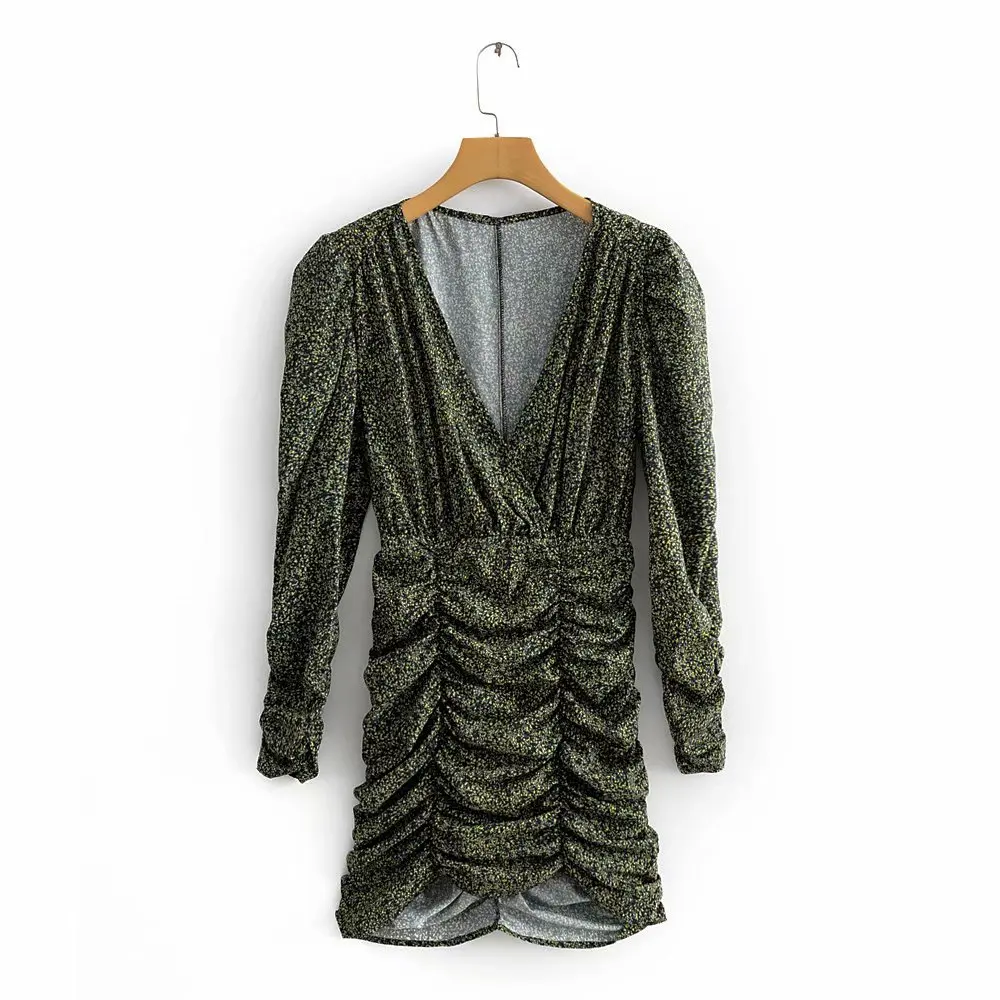 Женское Плиссированное мини-платье с v-образным вырезом и цветочным принтом