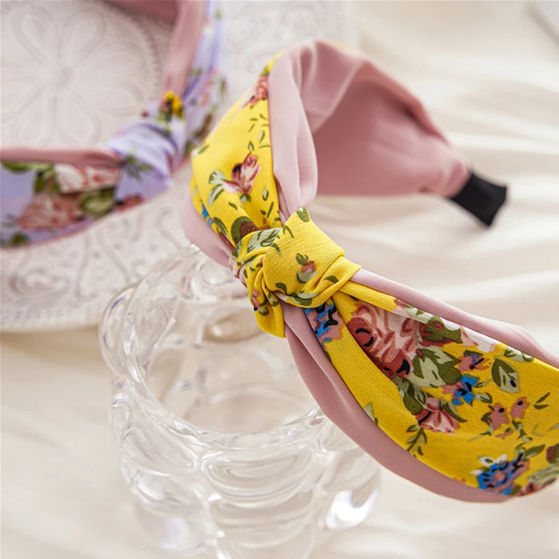 

Double Layers Floral Wide Headband Middle Cross Knotted Head Hoop Elastic Flower Print Headbands Sweet Girls Hair Accessories