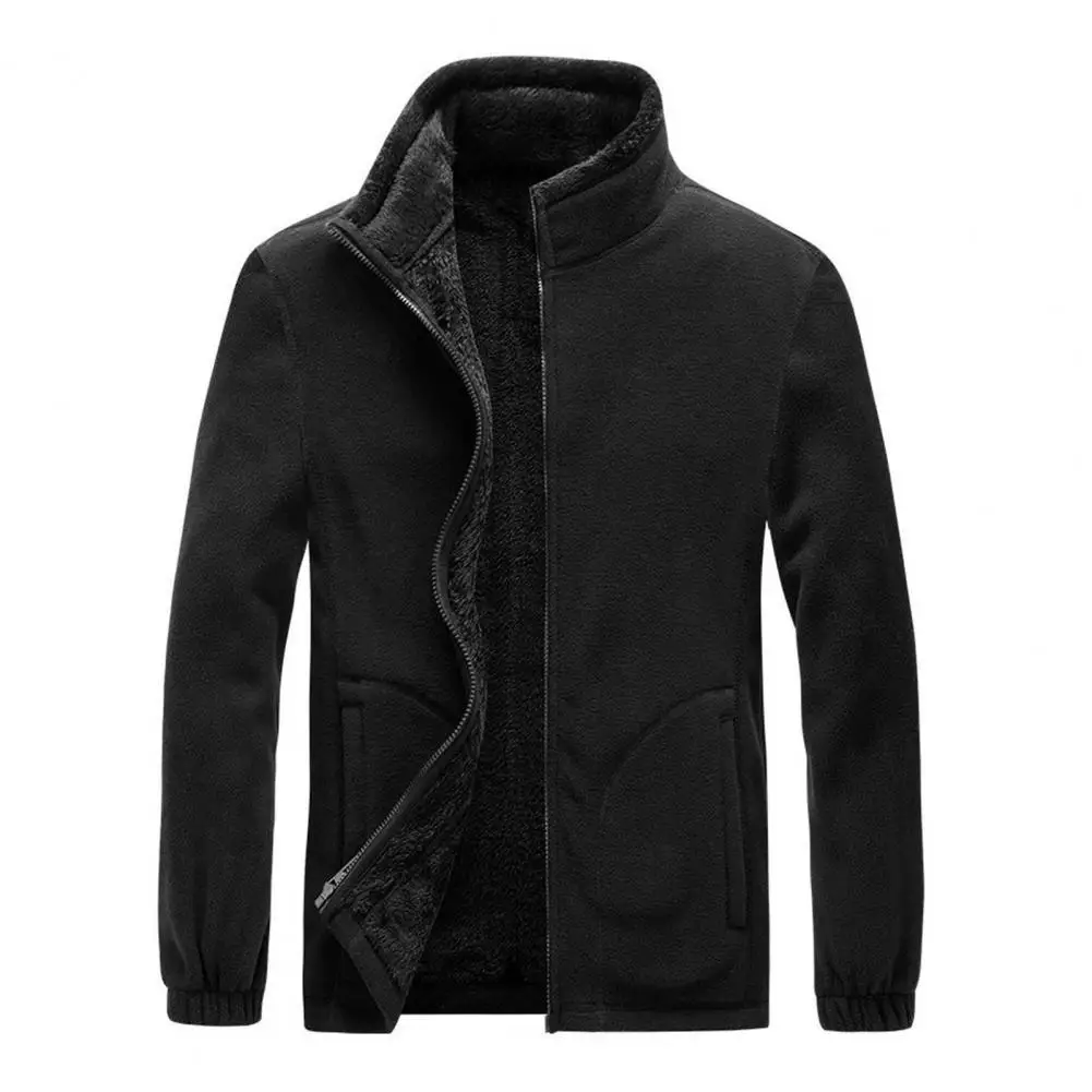 

Stand Collar Long Sleeve Men Jacket Fleece Zipper Closure Warm Side Pockets Jacket Coat Outerwear Autumn Winter Wearing