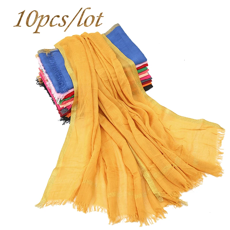 

Новое поступление, простой хлопковый шарф, Золотая блестящая шаль с кисточками, однотонные мерцающие шарфы, мусульманский женский хиджаб, ш...