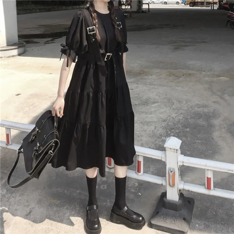 

QWEEK Baggy Black Dress Gothic Punk Short Sleeve Bandage Midi Dress Vintage Japanese Harajuku 2021 Fashion Women Cosplay Costume