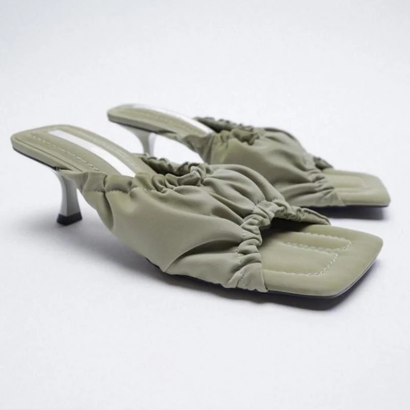 

Modern Summer Slippers Square Head High Sandals Pleated Green Dress Pumps Thin Heels Elegant Slides Shoes Woman