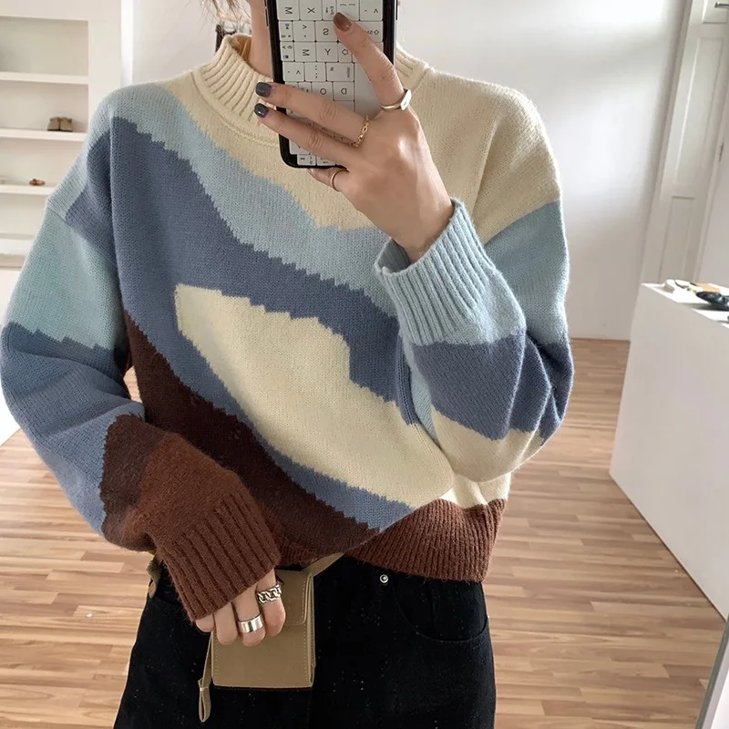 

Autumn Winter Color Matching pullover Knitted Sweater Female Long Sleeve Jumper Casual Loose Sweaters