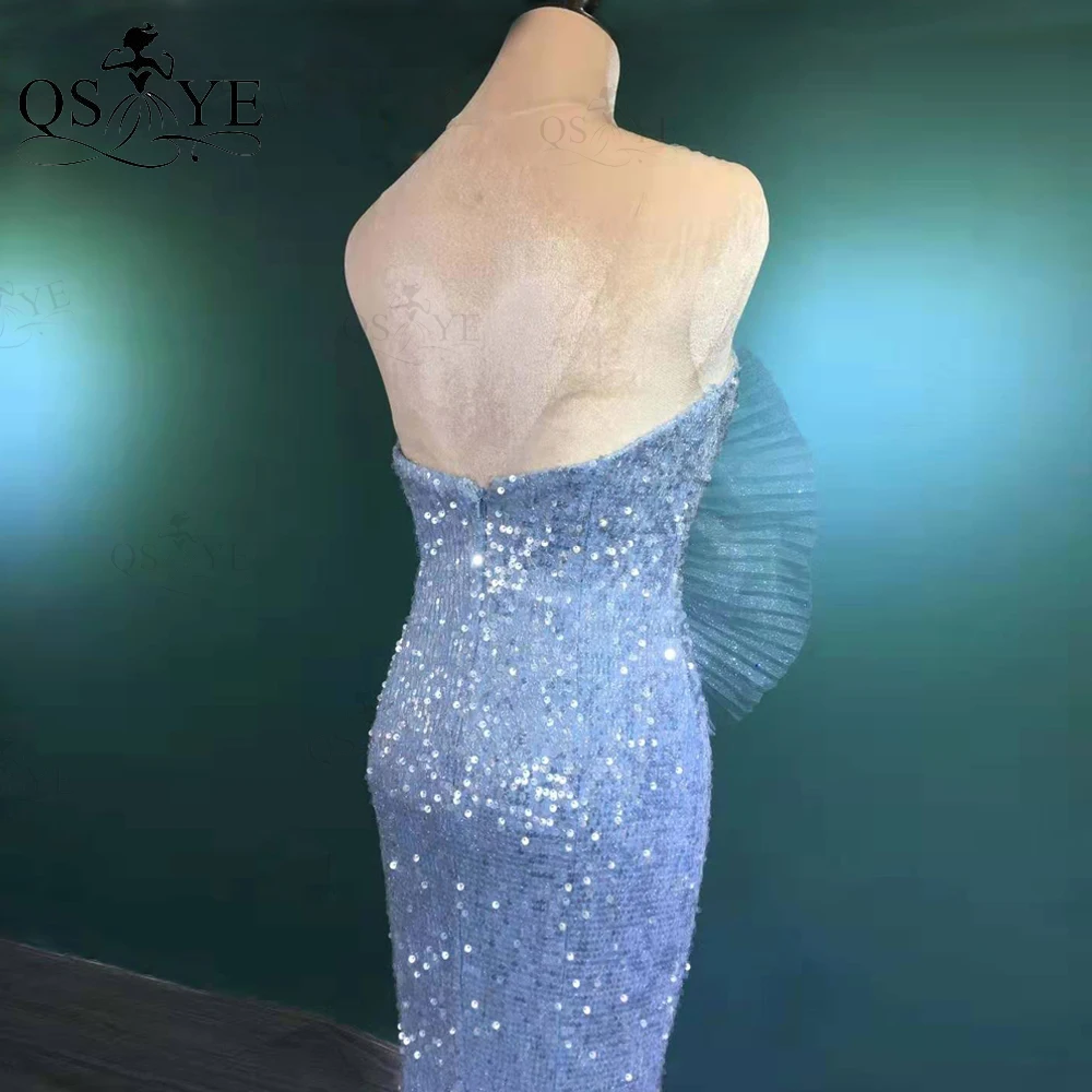 

QSYYE High Quality Blue Sequin Mermaid Prom Dress Long Shiny Evening Dress Glitter Crumpled Fans Party Dress Open Back