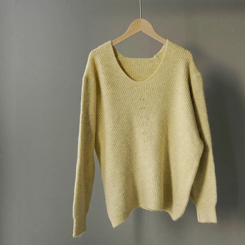 Женский вязаный свитер Lazy Wind теплый толстый розовый пуловер с v-образным вырезом