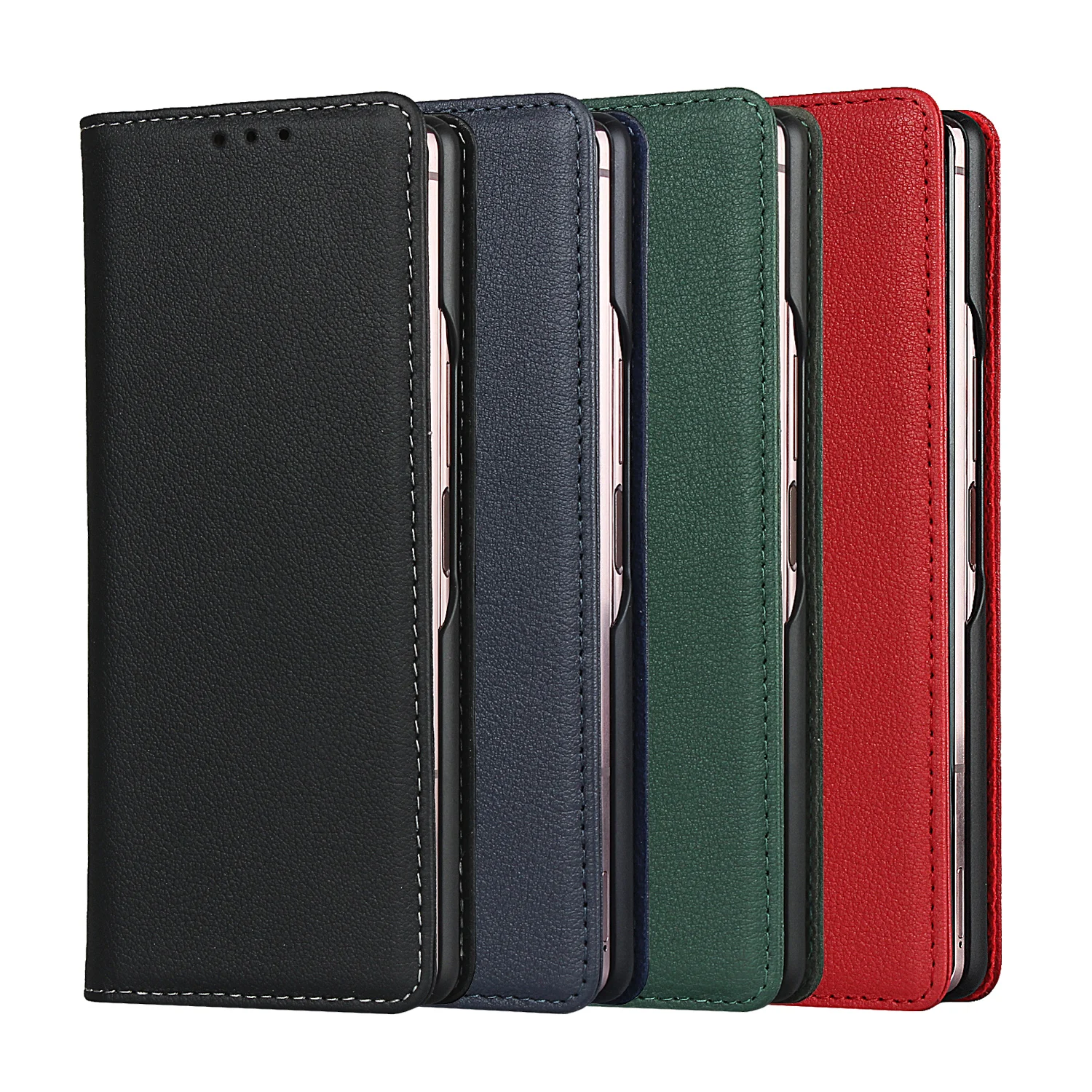 

For Samsung Galaxy Z Fold 2 5G Cover Small Lychee Pattern Genuine Leather Magnetic Flip Phone Case Z Fold 2 Black Blue Red Green