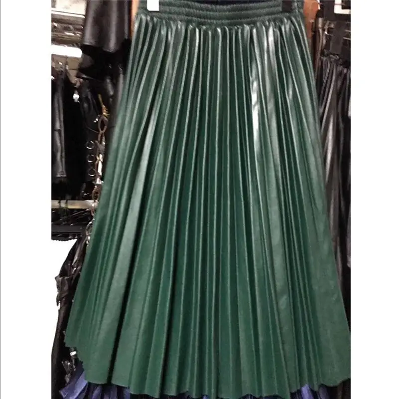 Dark Green Осенняя мода, новая плиссированная юбка из искусственной кожи, эластичная высокая талия, универсальная женская юбка - Цвет: Dark Green