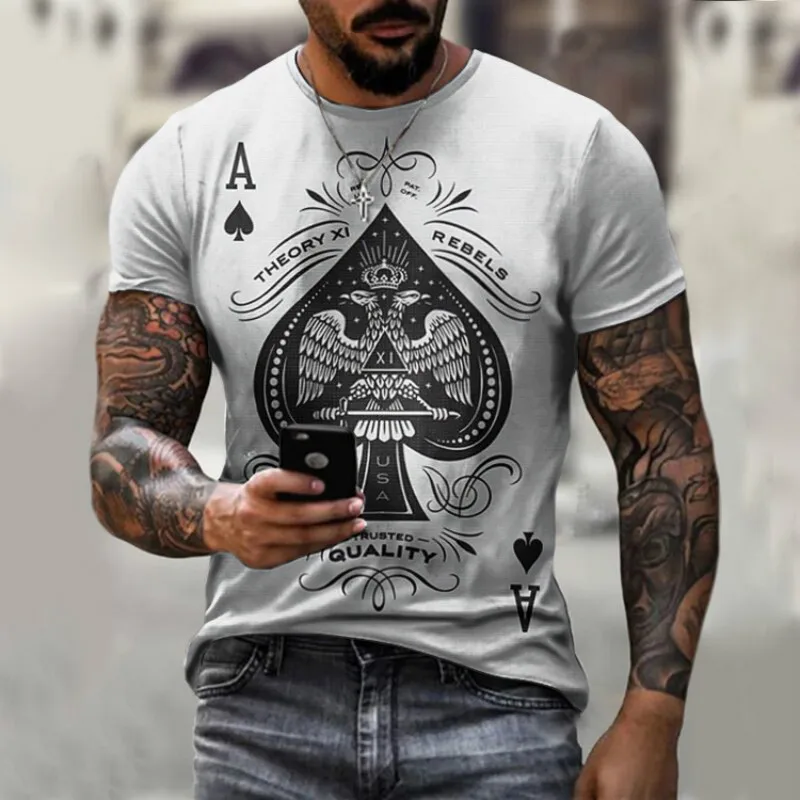 

Men's casual round neck short sleeve fashion playing cards personality printing loose high street pullover men's T-shirt top