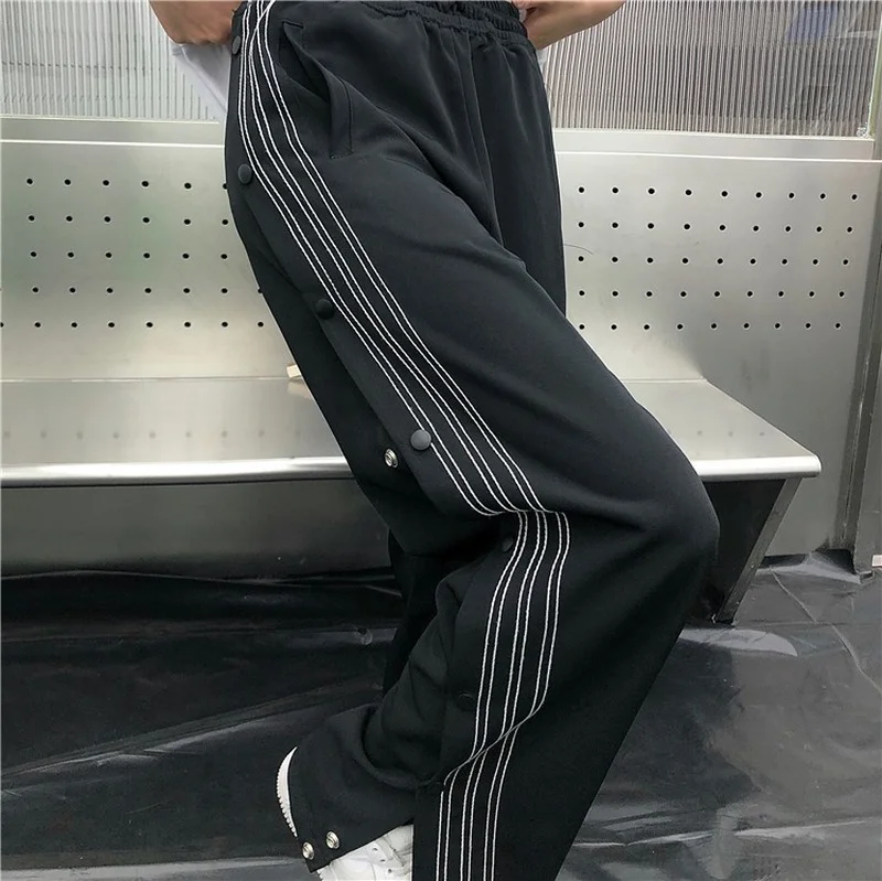 

Harajpoo Women Pants Casual Fashion Summer Korean Version INS Retro Stripe Breasted Design Drape Loose Sports Wide Leg Trousers