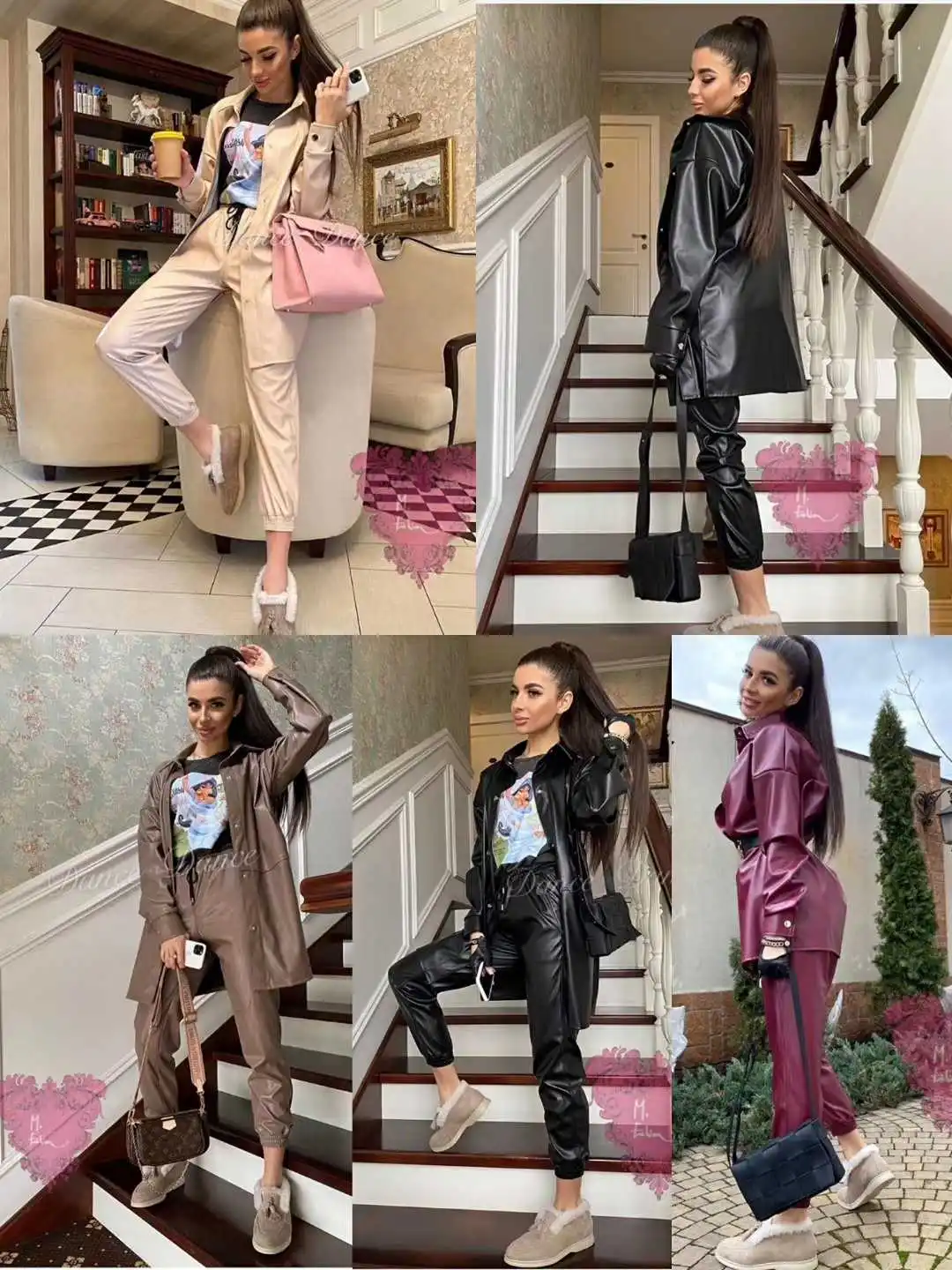 

2020 Hot Sale Turn-down Collar Faux Full New Women's Suits Pu Leather Fabric Mid-length Shirts And Slacks 2 Sets Of Fashionable