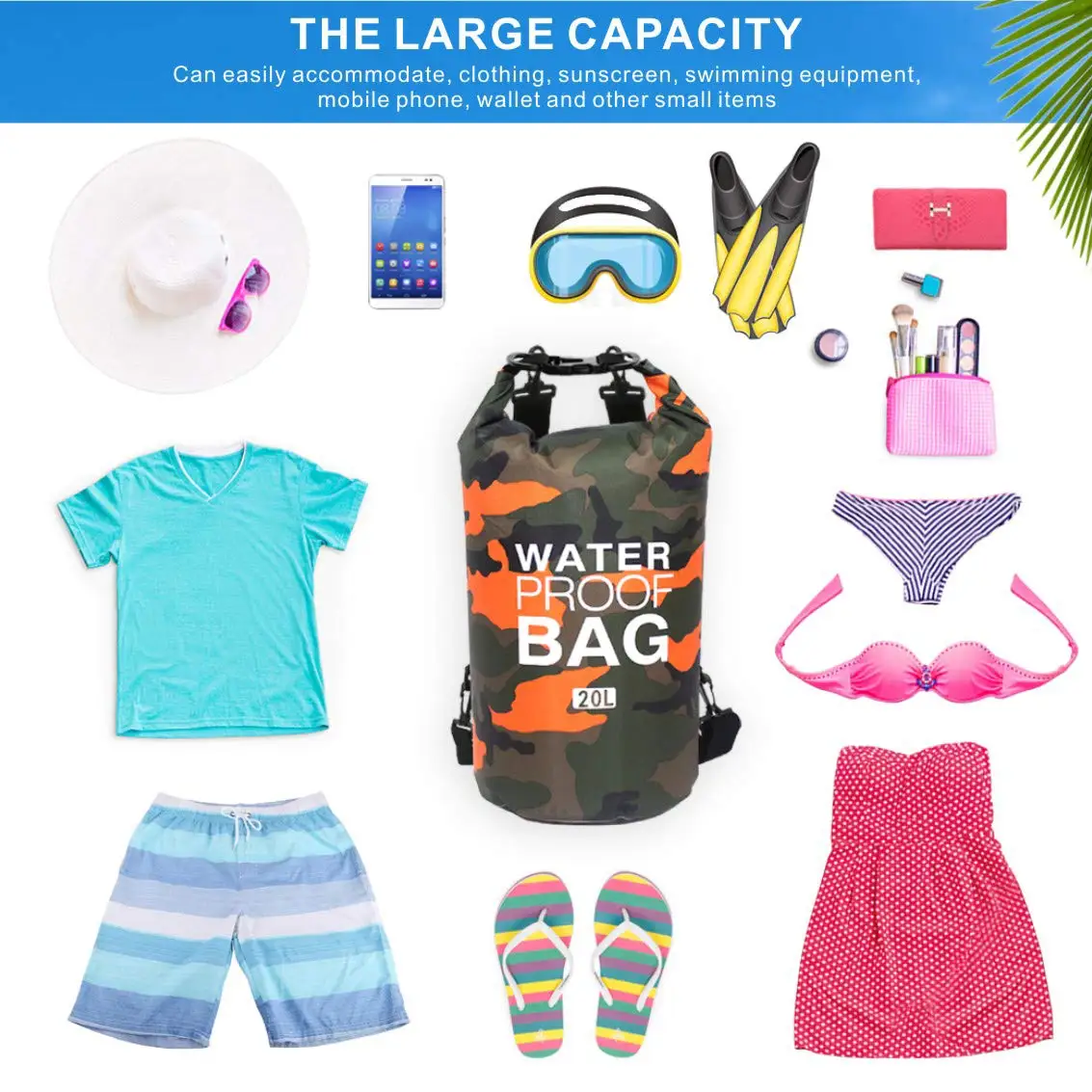PVC Waterproof Dry 5L 10L 20L 30L Camo Outdoor Diving Foldable Man Women Beach Swimming Bag Rafting River Ocean Backpack