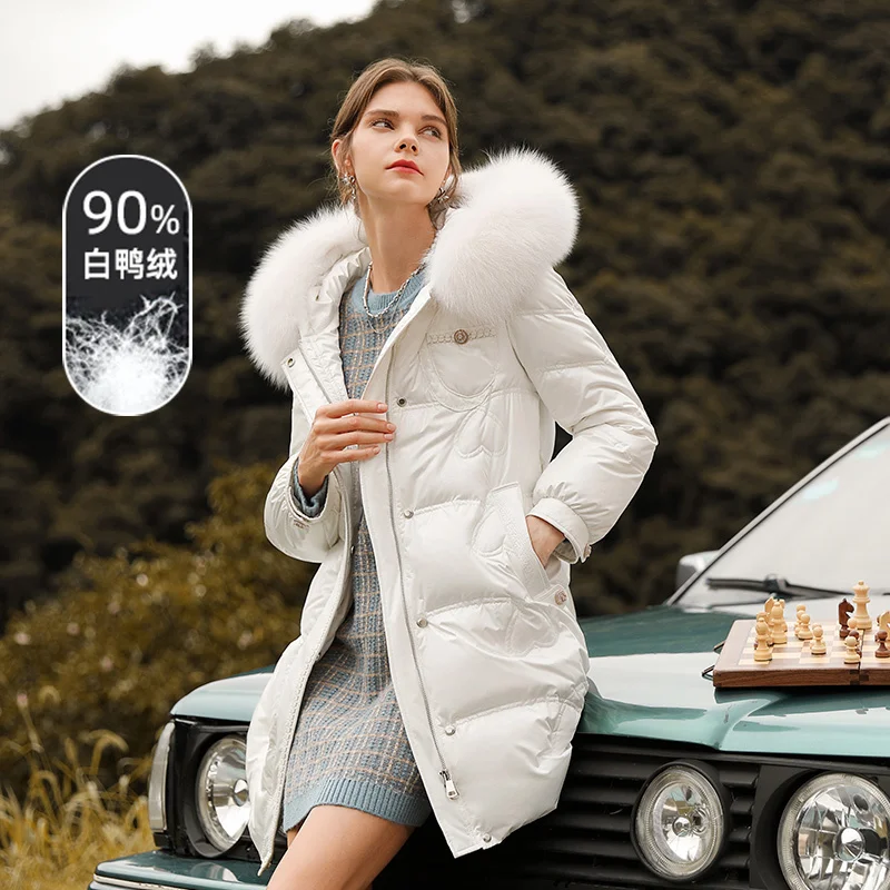 

SHZQ White Down Jacket Women's Middle and Long Winter 2021 New White Duck Down Lace Up Waist Large Fur Collar Coat