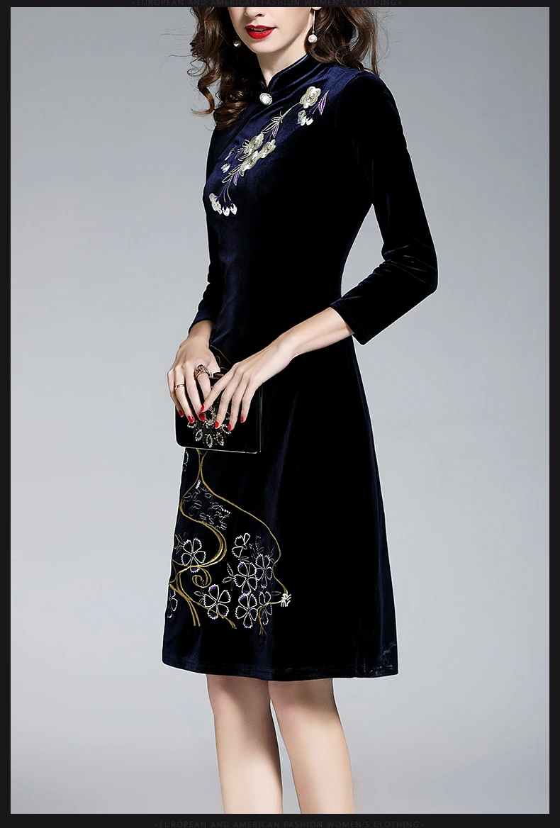 Современный Азиатский стиль вышивка qipao бархат большой Макси 4XL размер вечерние