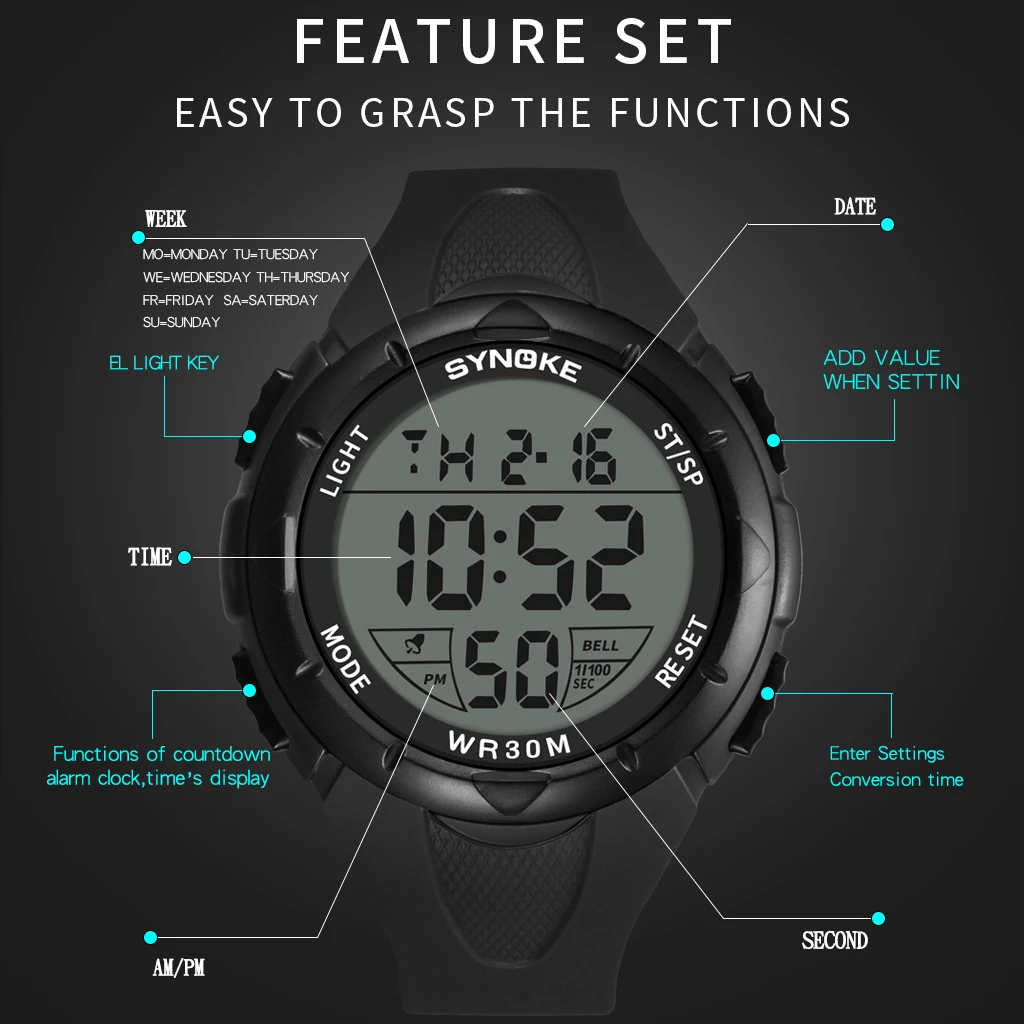 SYNOKE Men's Sport Watch Waterproof Electronic Clock TOP Brand Men Luxury Digital Watches LED Large Dial Military Watch For Men