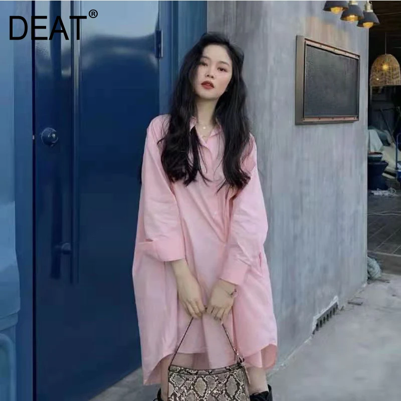 

DEAT Women Solid Pink Color Asymmetrical Blouse New Lapel Long Sleeve Loose Fit Shirt Fashion Tide Spring And Summer 2021 3D1719