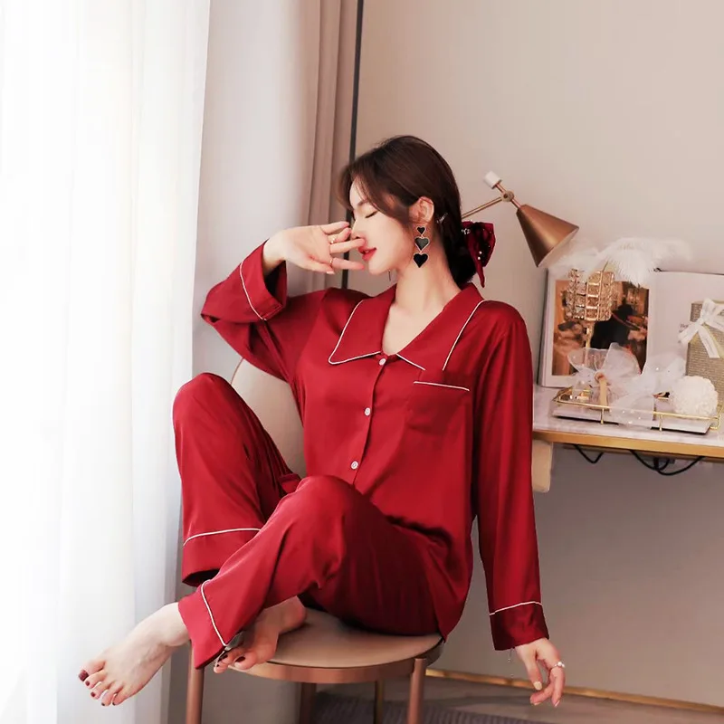 

Casual Solid Satin Pajamas Set For Women 2PCS Nightwear Shirt&Pants Female Sleepwear Pyjamas Silky Home Clothes Nightgown