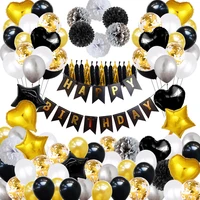 1 set black gold banner latex confetti balloon paper pompoms flower spiral hanging happy birthday decoration party supplies