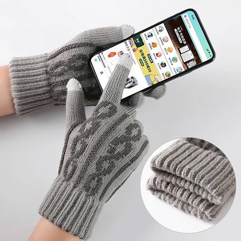 

Fashion Winter Plus Velvet Knitted Touch Screen Gloves Women Warm Thick Gloves