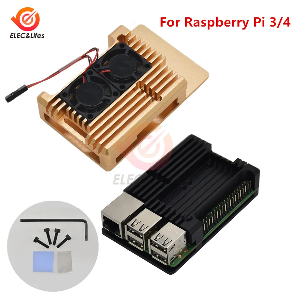

Черный чехол из алюминиевого сплава с ЧПУ для Raspberry Pi 4 3 Model B /B + Чехол-коробка с двойным вентилятором охлаждения, радиатор, Золотой/красный