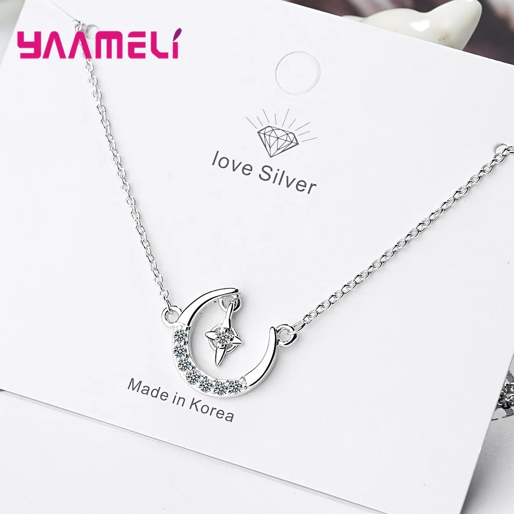 925 Sterling Silver Korean Simple Moon Star Pendant Necklace Charm Women Choker Jewelry Trendy Elegant Wedding Accessories | Украшения и