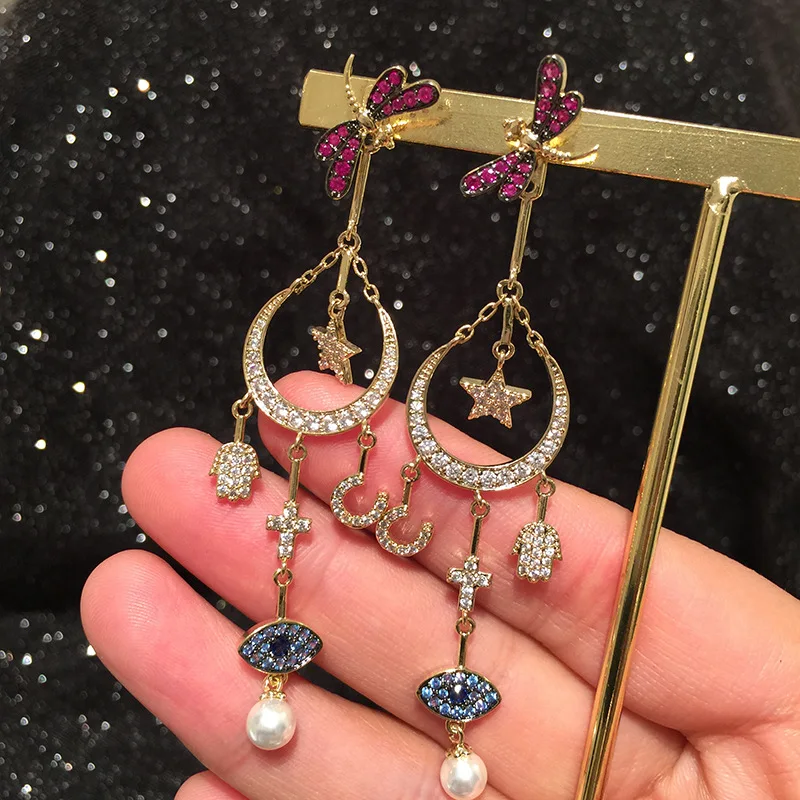 

Xingyue Earrings Feminine Goddess Fan Dragonfly Palm Eyes Long Tassel High Sense Earrings Round Face Earrings