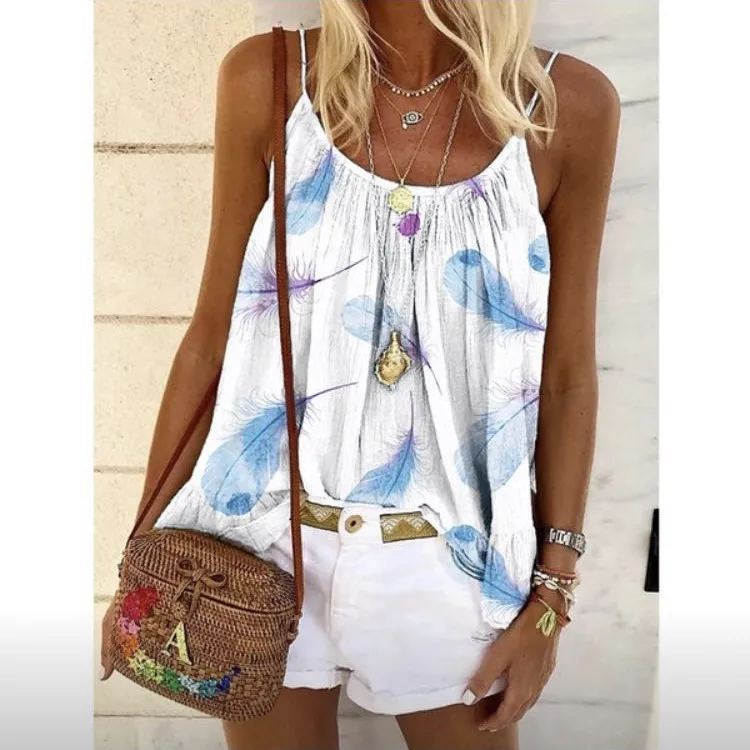 

Summer Sexy Sleeveless Tops for Women Fashion Casual Feather Star Printing Suspenders Camisole Ladies Plus Size 5XL Vest Shirt