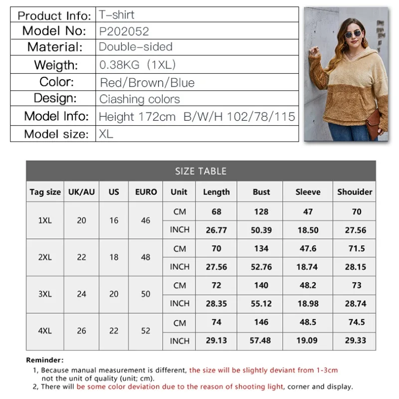 

Color Block Hoddies Women Hooded Plush Sweatshirt With Pocket Female Plus Velvet Pullovers Warm Sudaderas Cozy Large Size Femme